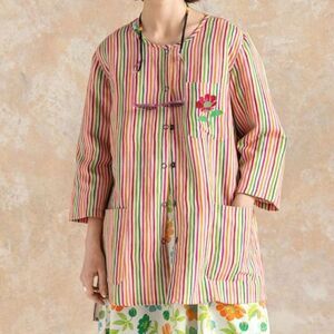 Gudrun Sjoden Striped Linen Cotton Button-Up Tunic Size Medium Floral Embroidery